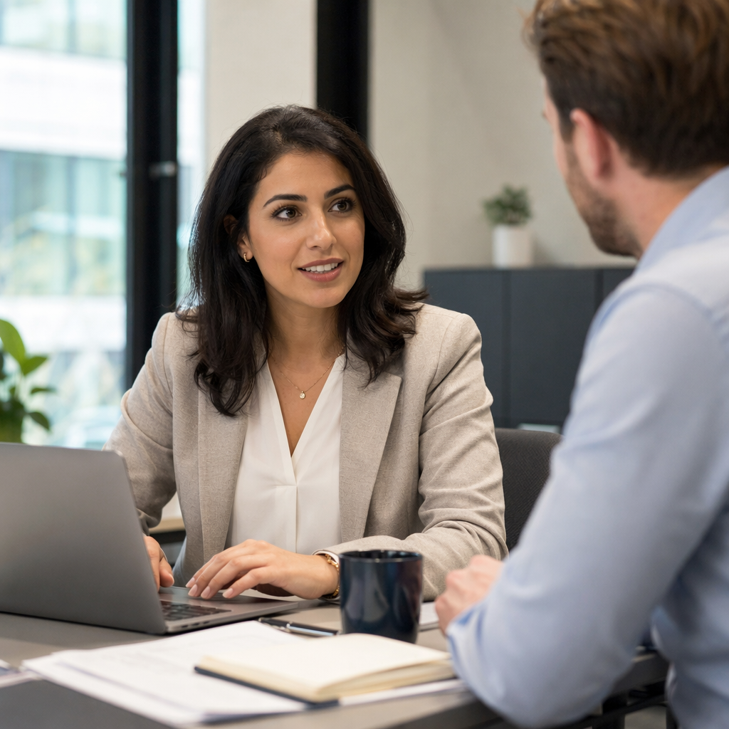 Farida, a woman in her early 30s with Arabic heritage, dark shoulder-length hair, neat office clothes, sits at a desk in a modern Dutch office, typing on a laptop and speaking with a colleague; papers, notebook and coffee mug on the desk, no readable text, natural office light