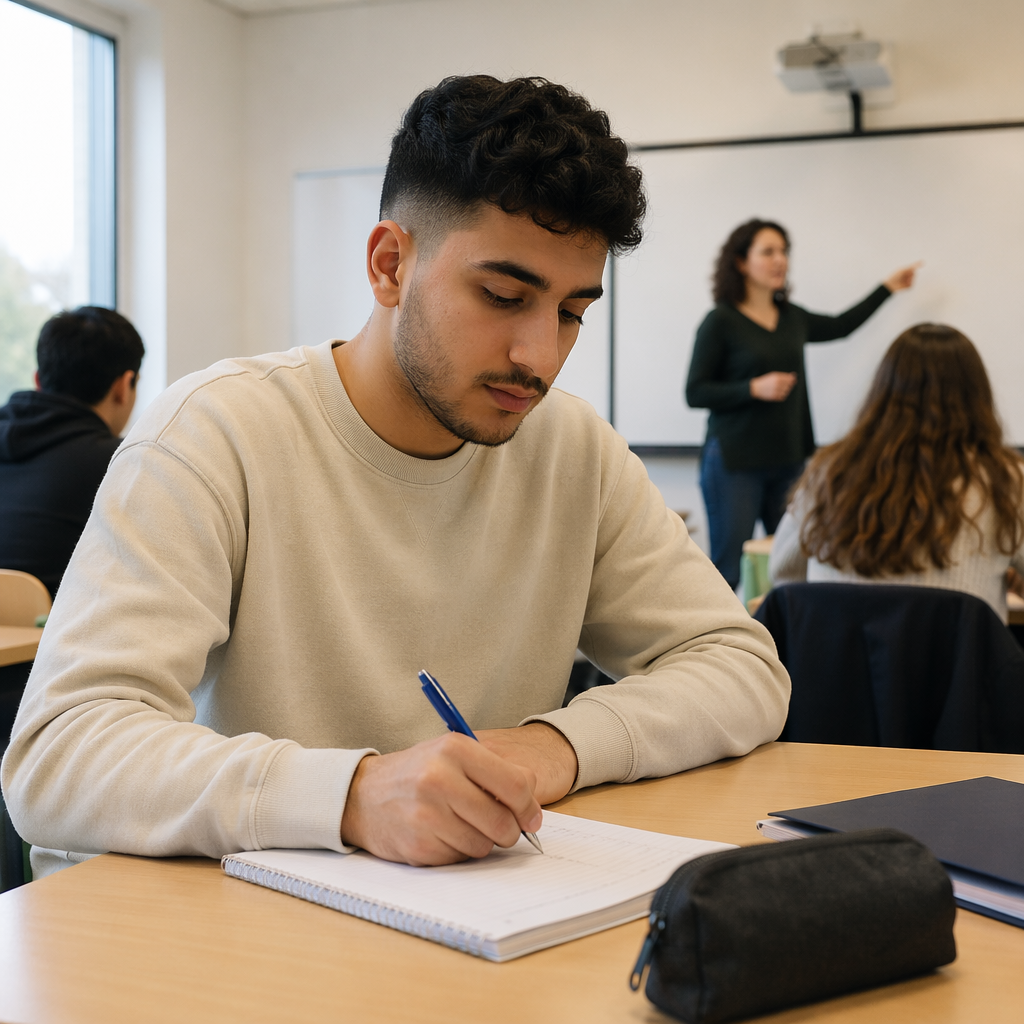 A young man with Arabic heritage in his 20s sits in a Dutch language classroom, writing in a notebook at a desk, casual clothes, short dark hair. A female teacher stands near a classroom board in the background, pointing while teaching. Other classroom details are visible, but no readable text anywhere.