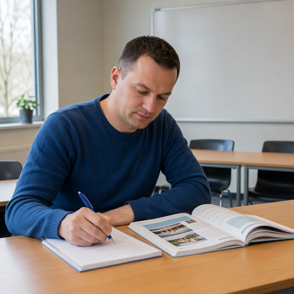 Photorealistic Dutch language classroom, one adult man with Polish heritage in his 30s, short dark hair, casual blue sweater, sitting at a desk, reading an open study book and writing in a notebook, teacher not visible, simple classroom with whiteboard and a few chairs, no readable text, everyday lesson atmosphere