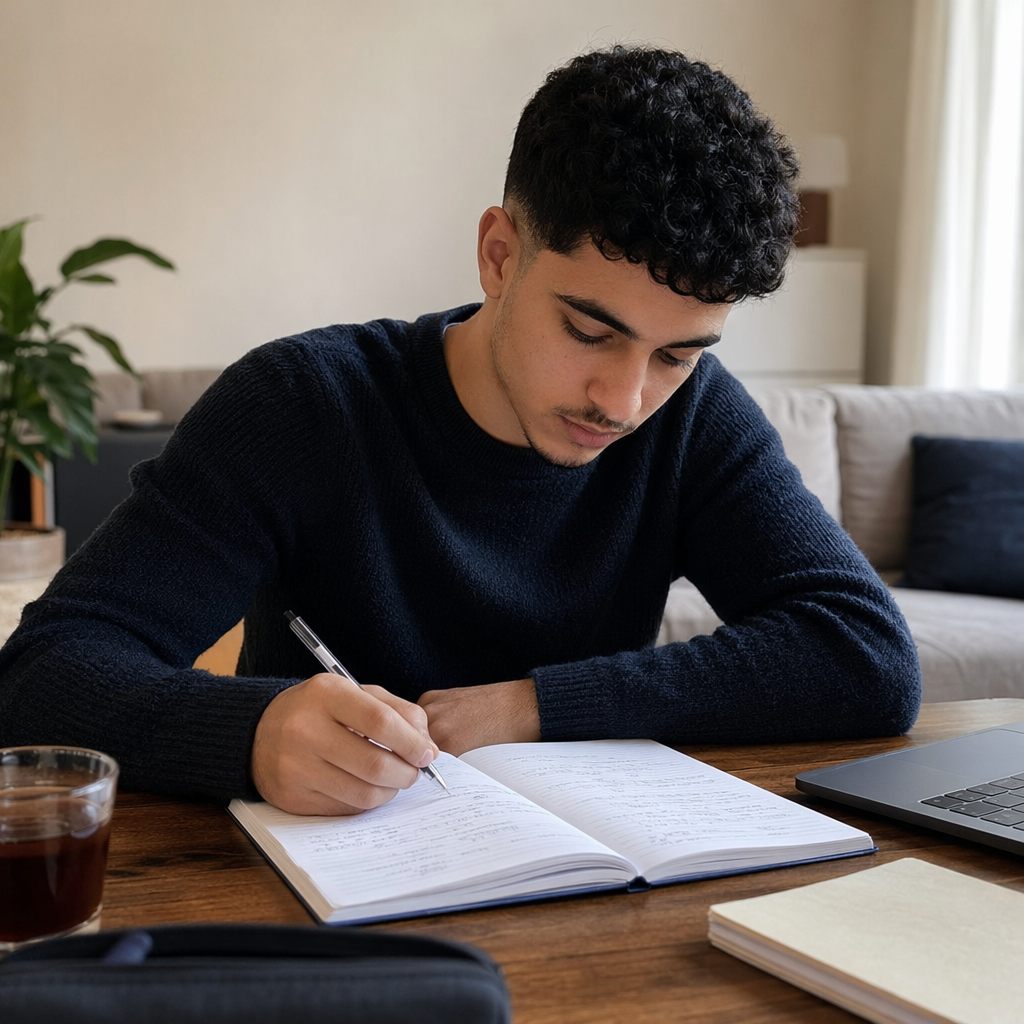 A young man with Arabic heritage in his 20s sits at a table at home, studying carefully with an open notebook and pen, looking at handwritten Dutch study notes, simple living room setting, casual sweater, dark short hair, focused expression, no readable text