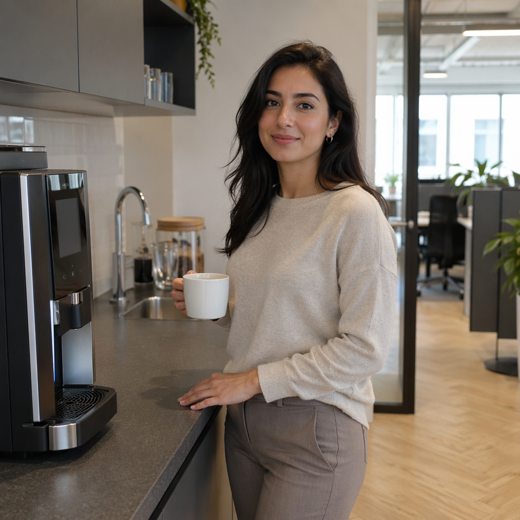 A woman in her late 20s named Samira in casual office clothes stands in a modern Dutch office kitchen near a drink machine, holding a plain mug beside the counter; cupboards, sink, and a doorway toward desks in the background, no readable text, no logos, neutral work setting