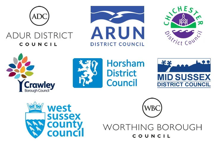 Council logos of West Sussex (Adur, Arun, Chichester, Crawley, Horsham, Mid Sussex, West Sussex County & Worthing) white