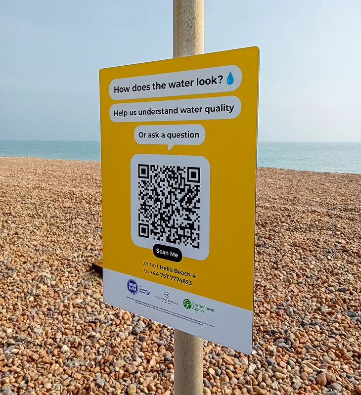 One of the Hello Lamp Post signs on Worthing promenade (close up of the sign)