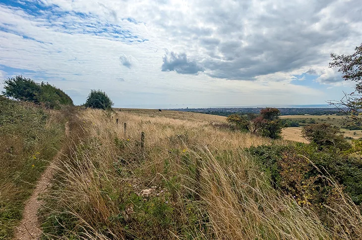 Tenants Hill, Worthing - winding path on the hillside (with Worthing and the sea in the distance)