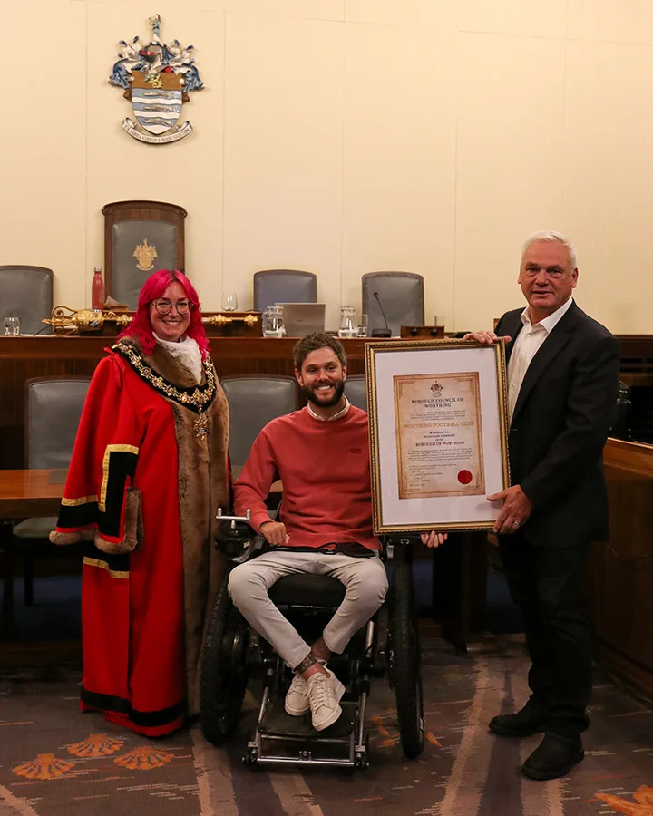 Worthing Mayor, Cllr Lysanne Skinner, with George Dowell, WFC owner, and Barry Hunter, WFC club chairman