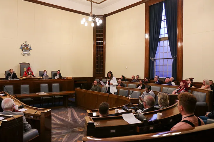 Councillor Caroline Baxter, leader of Worthing Borough Council, speaking at the special council meeting