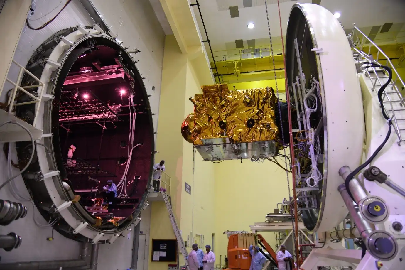 NVS-02 loading to Comprehensive Assembly and Test Thermo-Vacuum chamber (CATVAC) for thermovac Test Image credit: ISRO