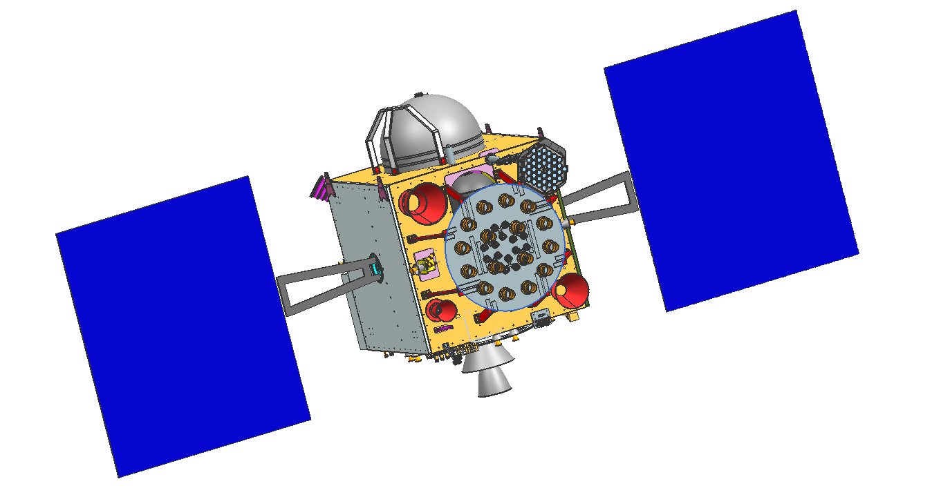 Rendering of typical Indian Regional Navigation Satellite System (IRNSS) series one spacecraft for Navigation with Indian Constellation (NavIC)