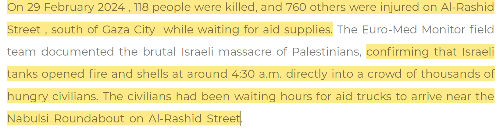 29 Feb 2024: 118 People were killed and 760 others were injured at Al-Rashid St after tanks opened fired and shells directly into the crowd of thousands.