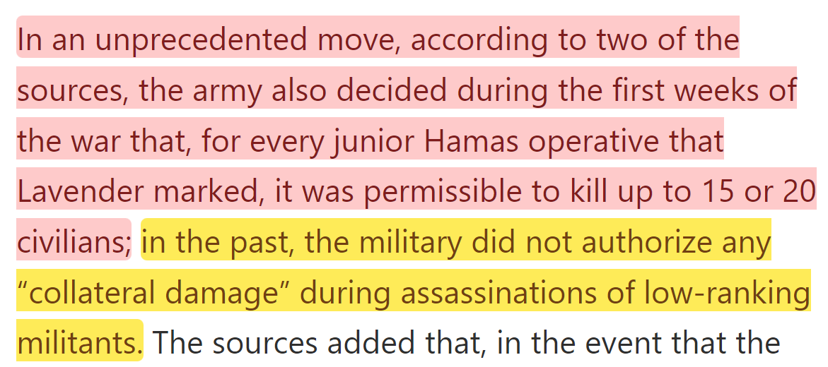 Israel Permitted to killed 15 to 20 civilians as "collateral damage" for low ranking militants.
