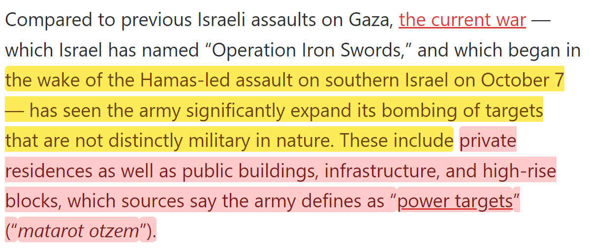 Israel bombing private residences, public buildings, and high rise blocks, labeling them as "power targets"