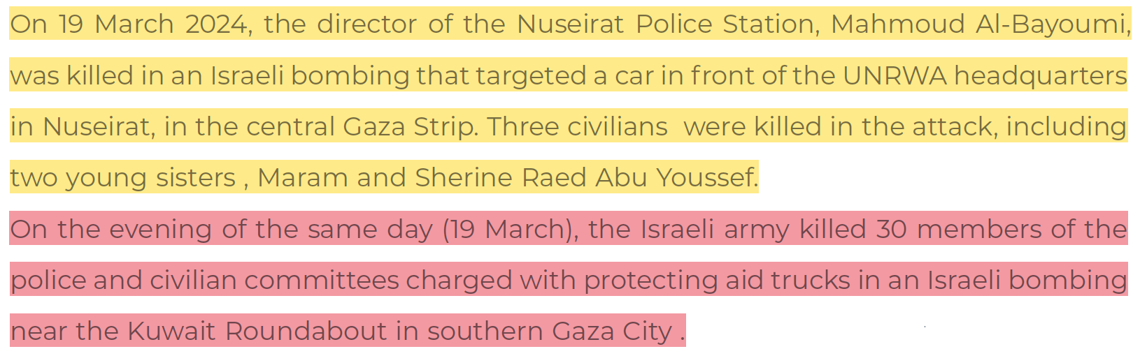 19 March 2024: Israel kills director of the Nuseirat Police Station, on the same day Israel kills 30 members of the police and civilians charged with protecting aid trucks