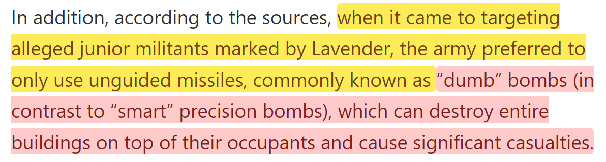 Using "dumb bombs" on junior militants which caused significant casualties 