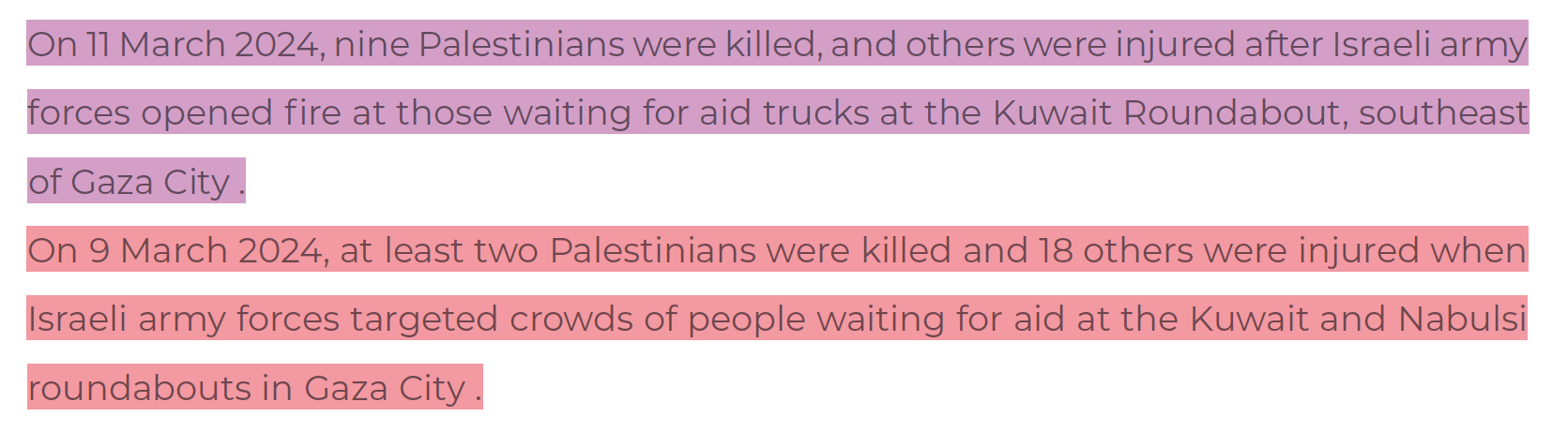 09|11 March 2024: 9 Palestinians killed waiting for aid at Kuwait roundabout, and two Palestinians killed at Kuwait and Nabulsi roundabouts.  