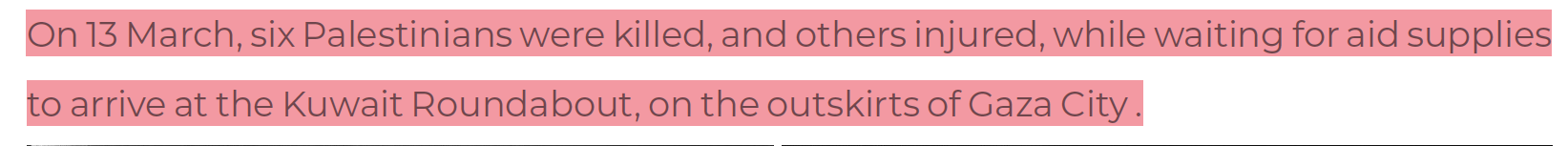 13 March 2024 : 6 Palestinians killed waiting for aid supplies at Kuwait Roundabout