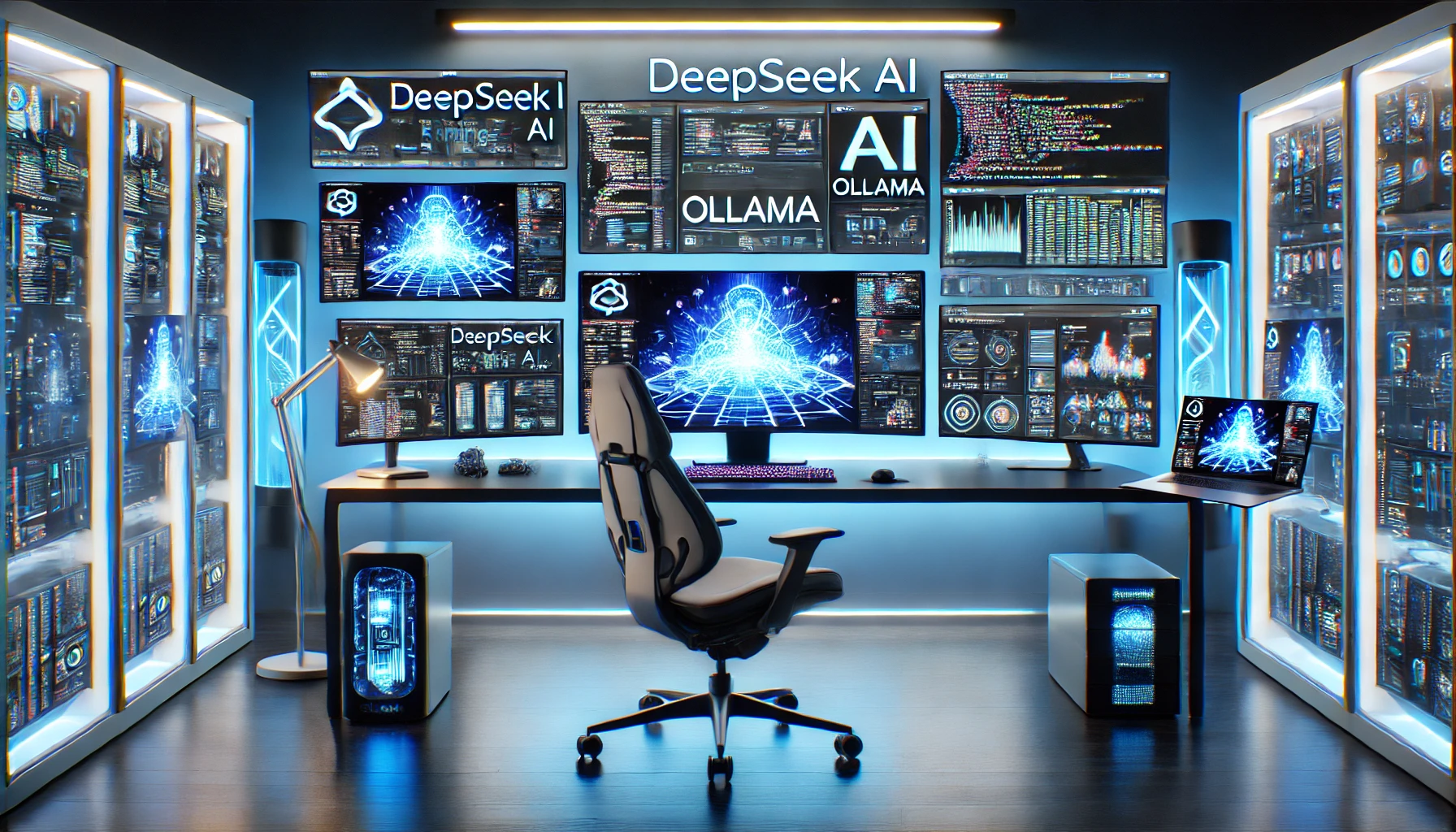 DALL·E 2025-02-01 23.56.35 - A futuristic AI-powered workstation setup featuring multiple monitors displaying DeepSeek AI running on Ollama. The environment includes a sleek moder.webp