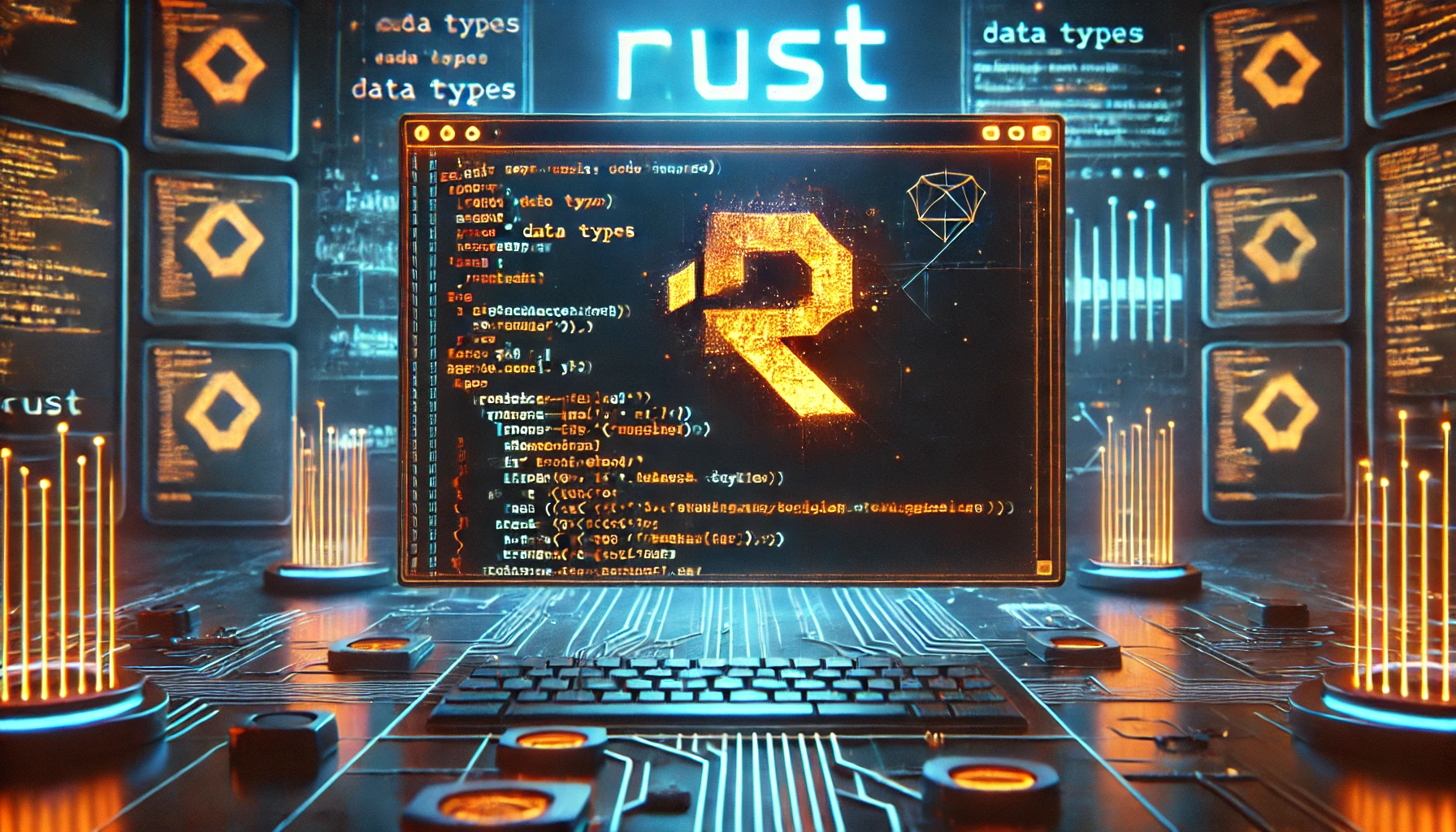 DALL·E 2025-02-17 19.15.52 - A cutting-edge digital artwork illustrating Rust programming basics. The image showcases a sleek futuristic coding terminal with glowing Rust code sni.webp