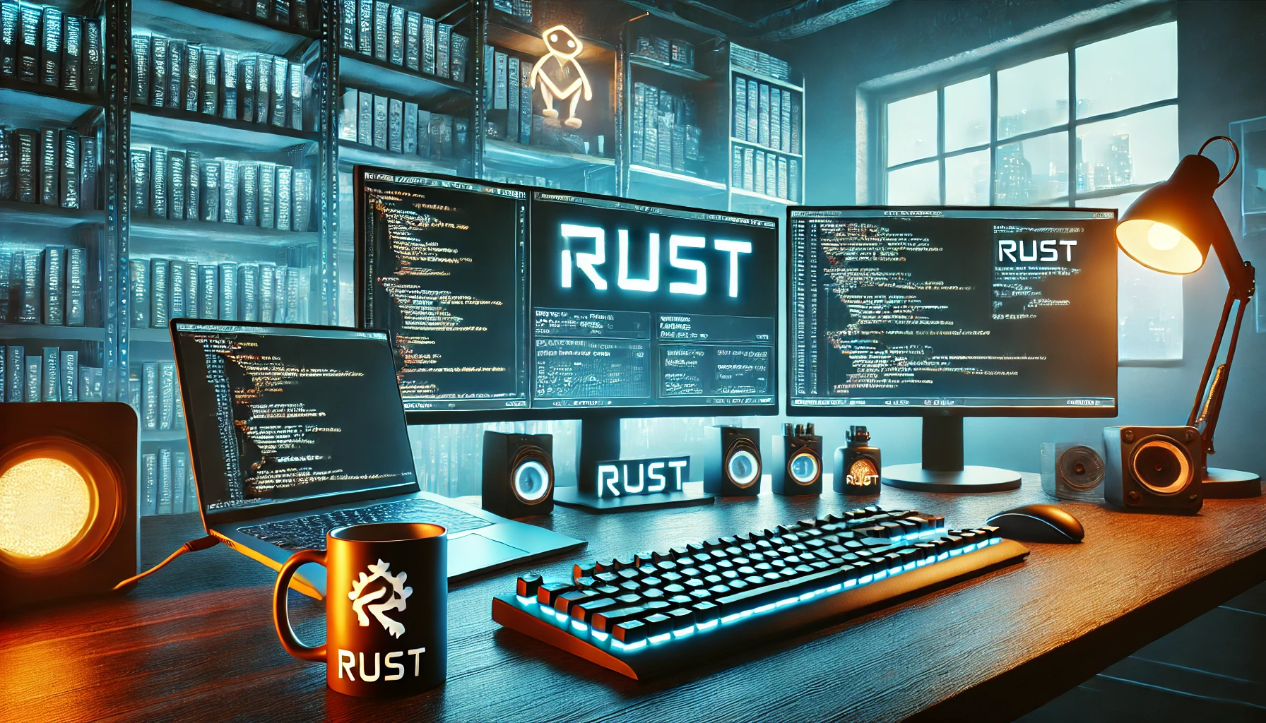 DALL·E 2025-02-20 22.34.53 - A futuristic workspace with multiple monitors displaying Rust programming code, a mechanical keyboard, and a coffee mug with the Rust logo. The setup .webp