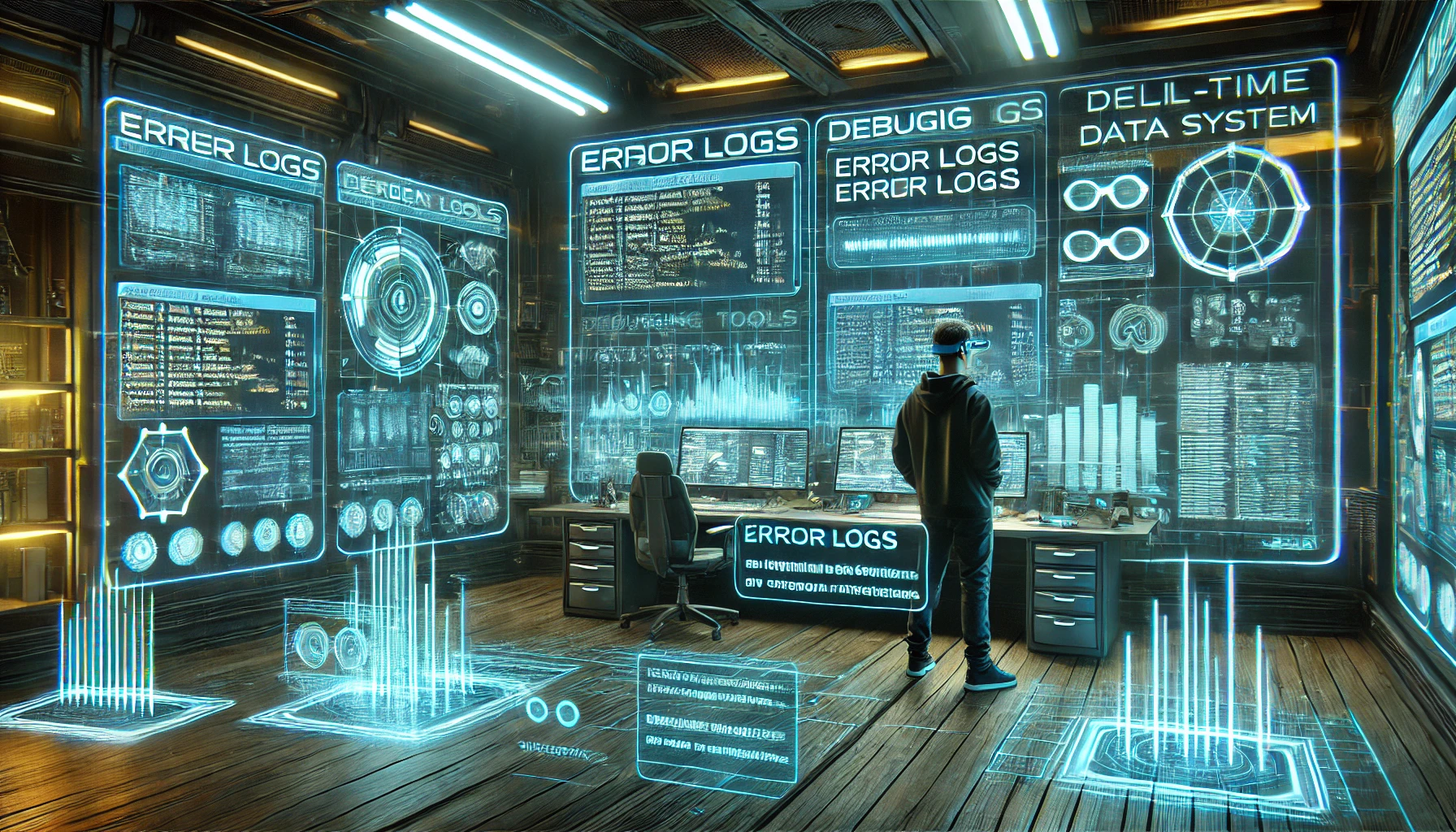 DALL·E 2025-03-02 21.28.34 - A futuristic control room with multiple holographic screens displaying error logs, debugging tools, and real-time data analysis. The environment is di.webp