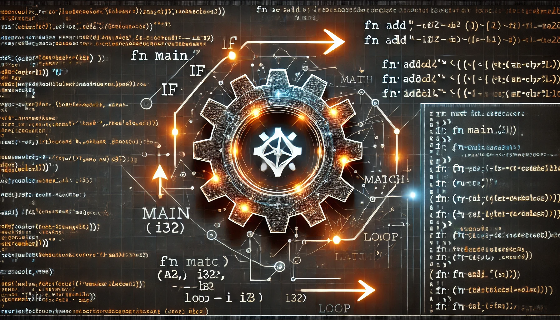 DALL·E 2025-02-18 18.07.28 - An artistic digital illustration representing Rust programming control flow and functions. The image features Rust's gear logo in the background, with.webp