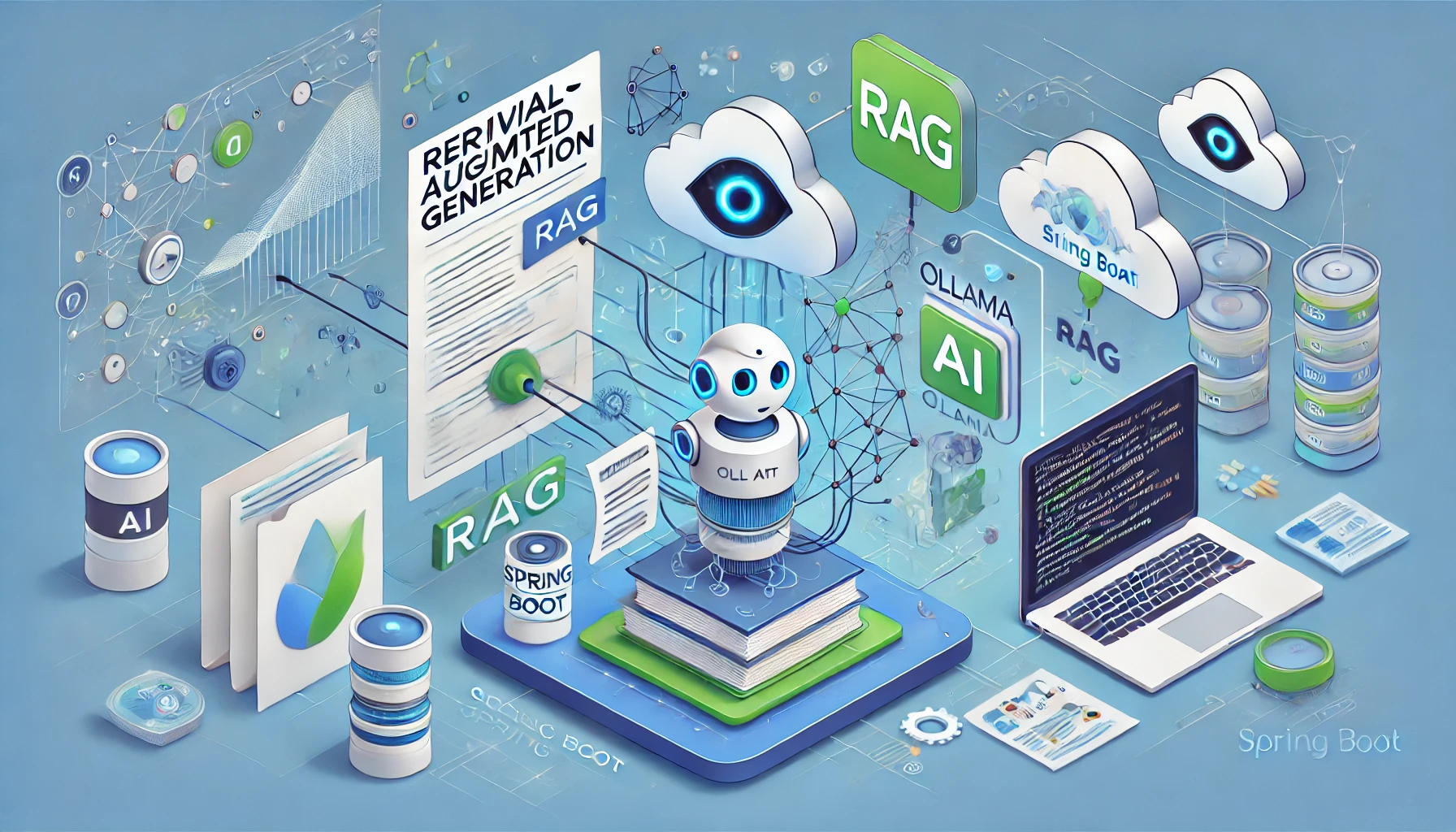 DALL·E 2025-02-14 20.44.00 - An illustration representing a Retrieval-Augmented Generation (RAG) system in Spring Boot with Ollama AI. The image features a cloud-based AI system r.webp