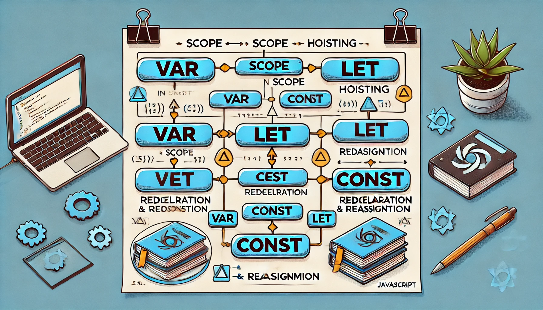 DALL·E 2025-02-01 13.24.10 - An educational illustration comparing var, let, and const in JavaScript. The image should include a structured flowchart or infographic displaying dif.webp