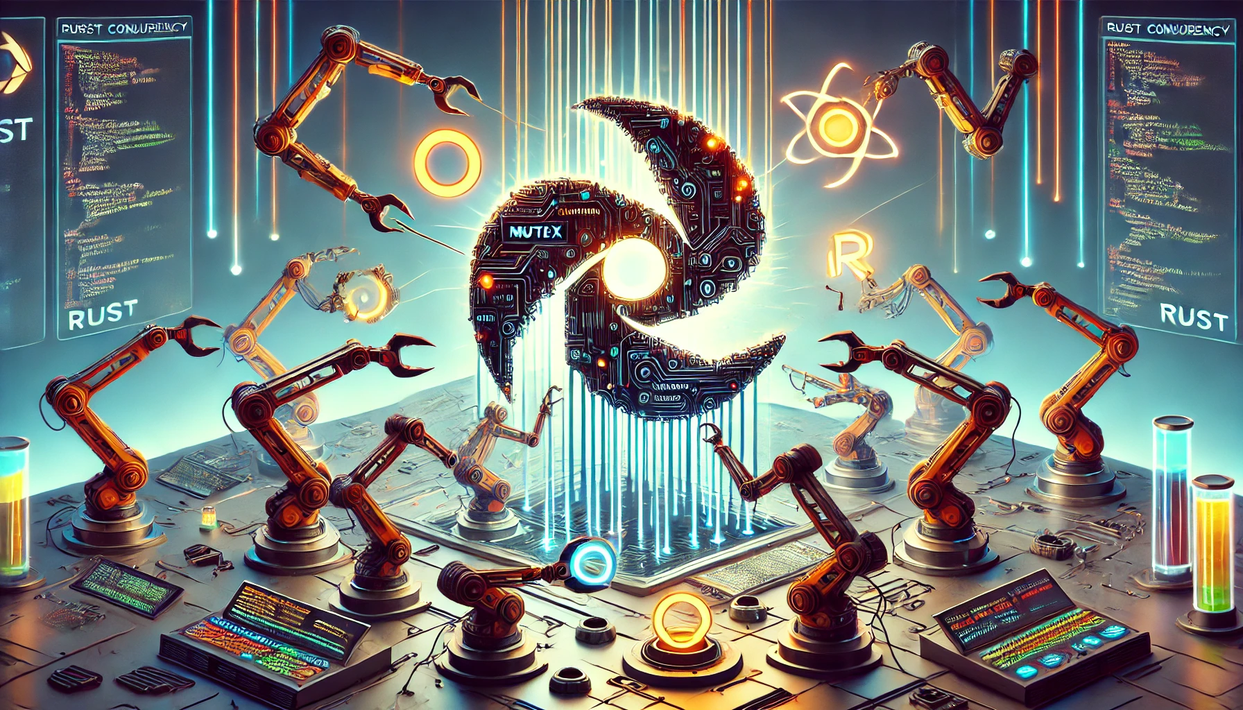 DALL·E 2025-02-24 21.03.28 - A dynamic and visually engaging representation of Rust concurrency_ multiple robotic arms assembling a large Rust logo, symbolizing safe and efficient.webp