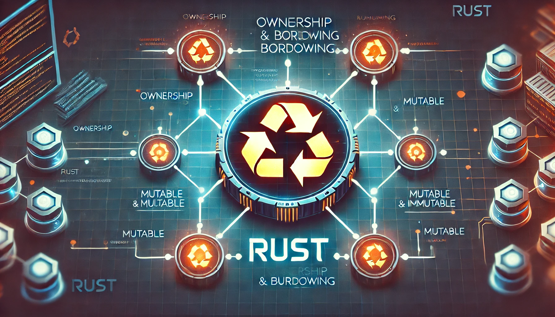 DALL·E 2025-02-19 22.55.16 - An engaging and modern illustration representing Rust's Ownership and Borrowing concept. The image should feature a futuristic, high-tech workspace wi.webp