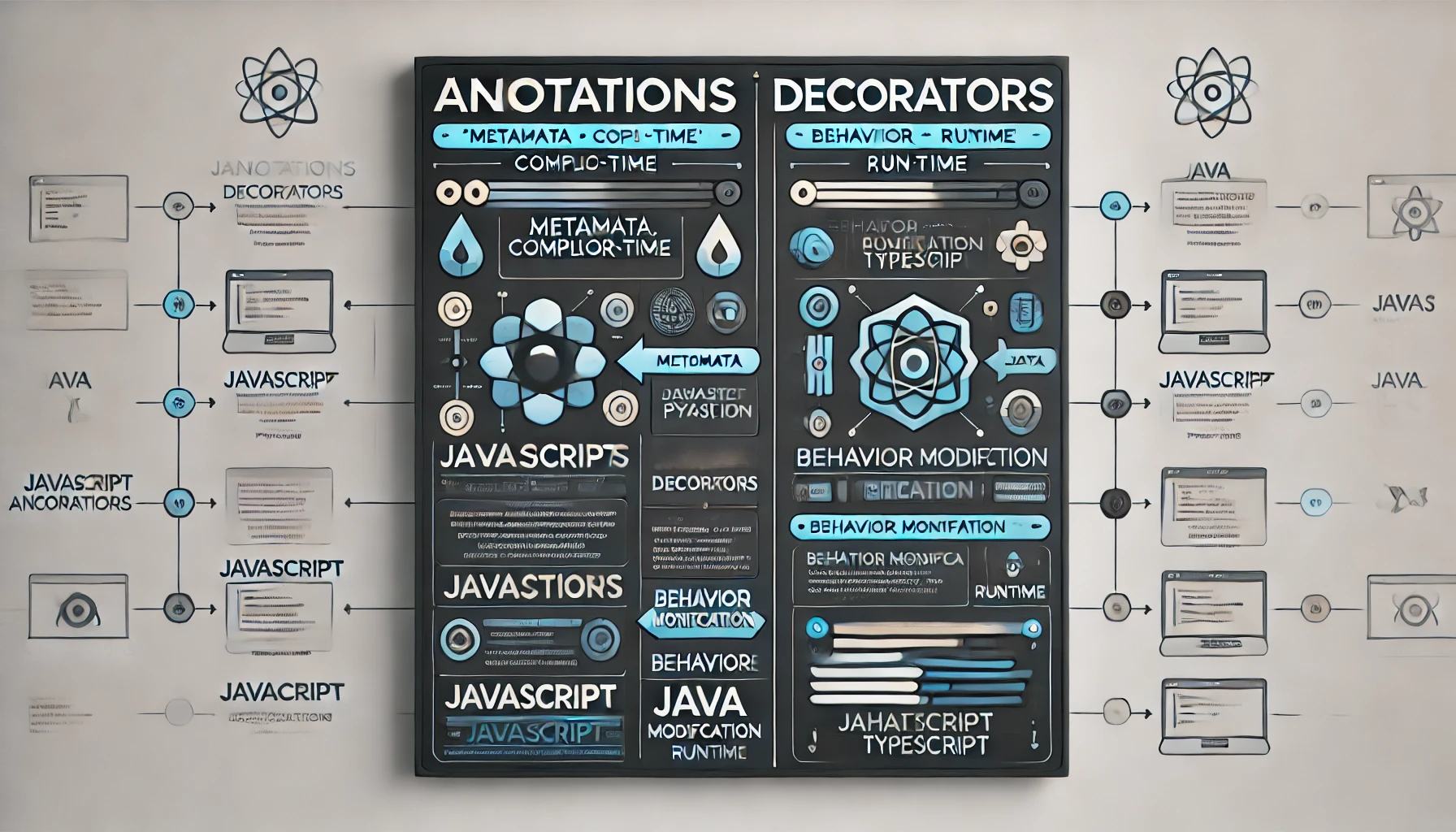 DALL·E 2025-02-03 16.17.14 - A visually appealing infographic illustrating the differences between JavaScript decorators and Java annotations. The image should have a modern tech-.webp