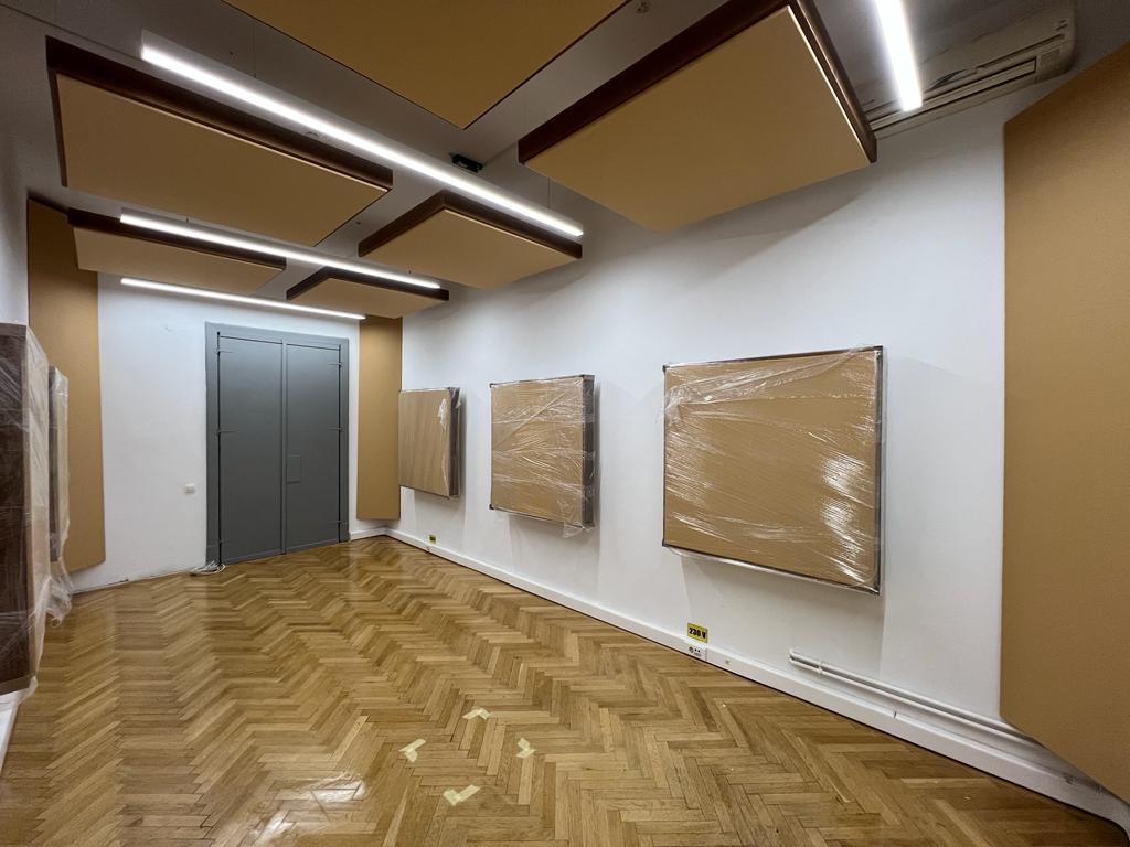 Acoustic treatment panels in a recording studio.
