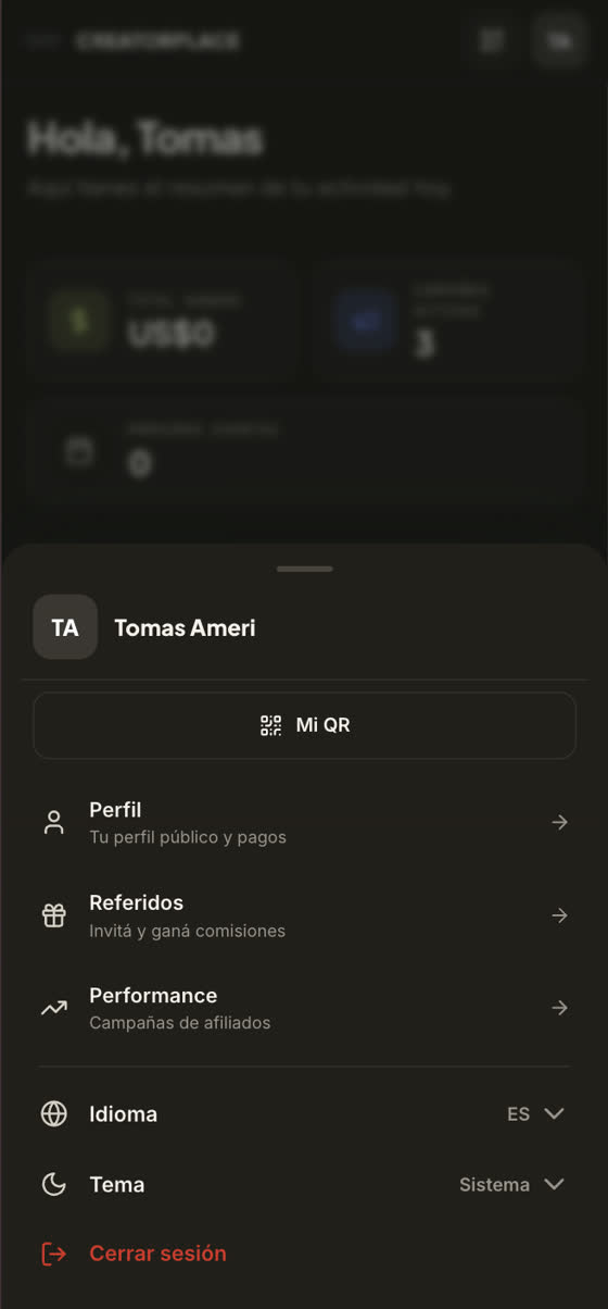 Menú nuevo con Perfil, Referidos y más
