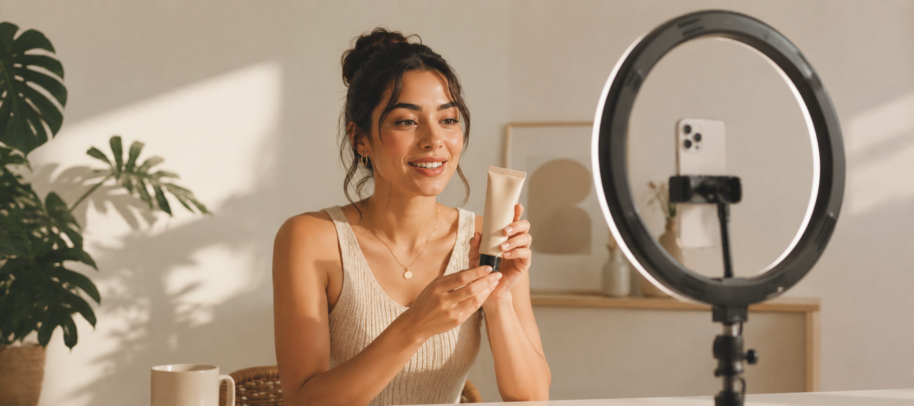 Creadora humana grabando contenido de marca con un smartphone, como antídoto al AI slop