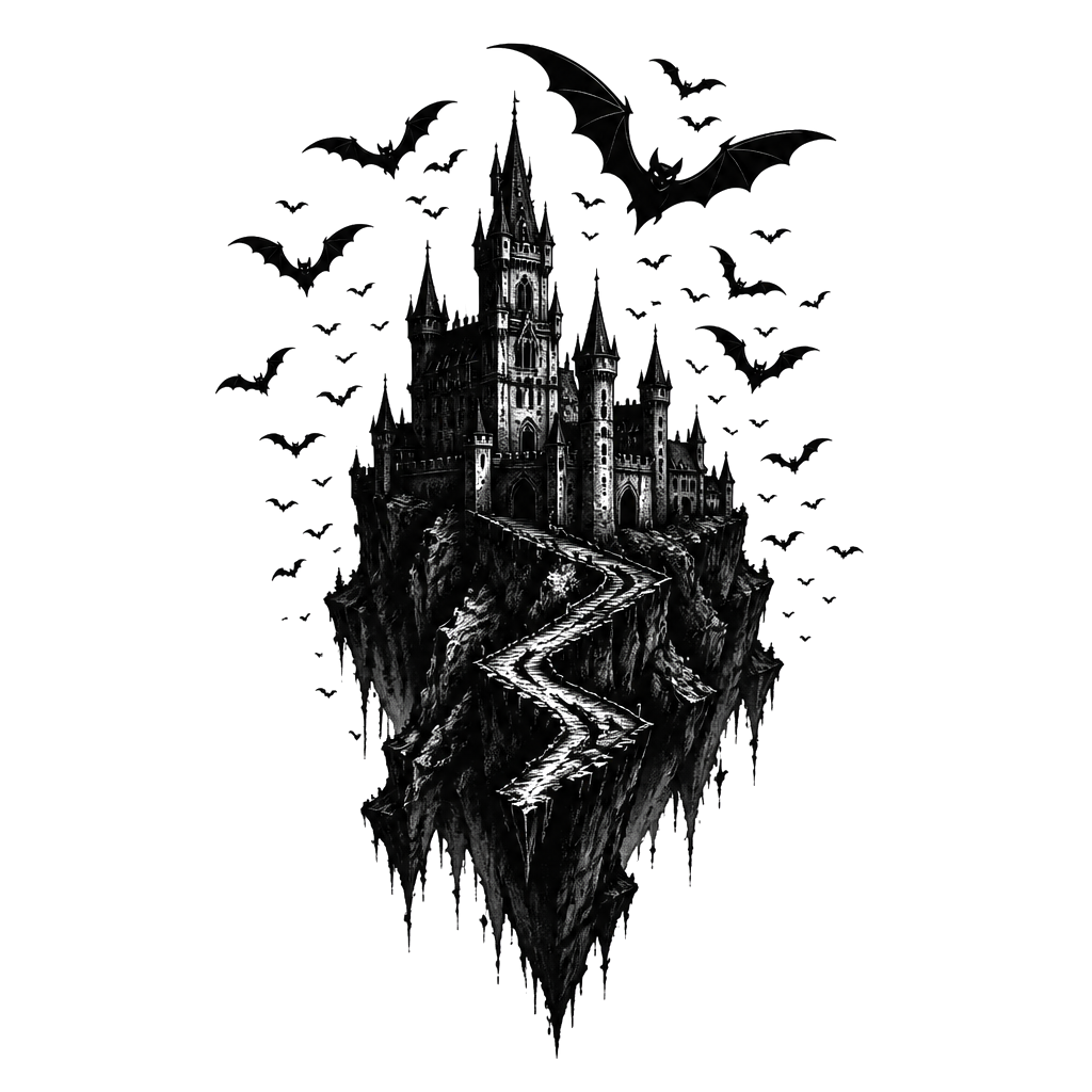 A gothic castle on a cliff with a swarm of bats