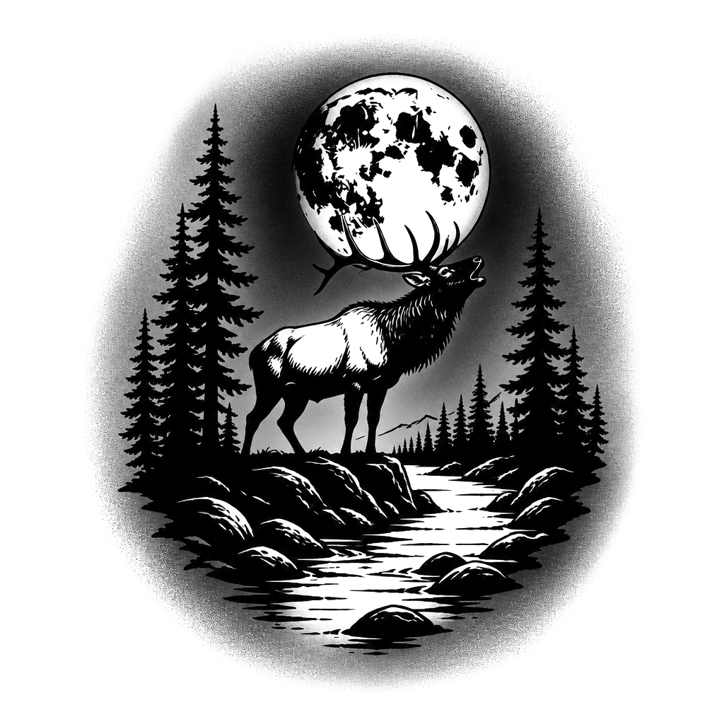 A bull elk in the moonlight with a river and pine trees all black