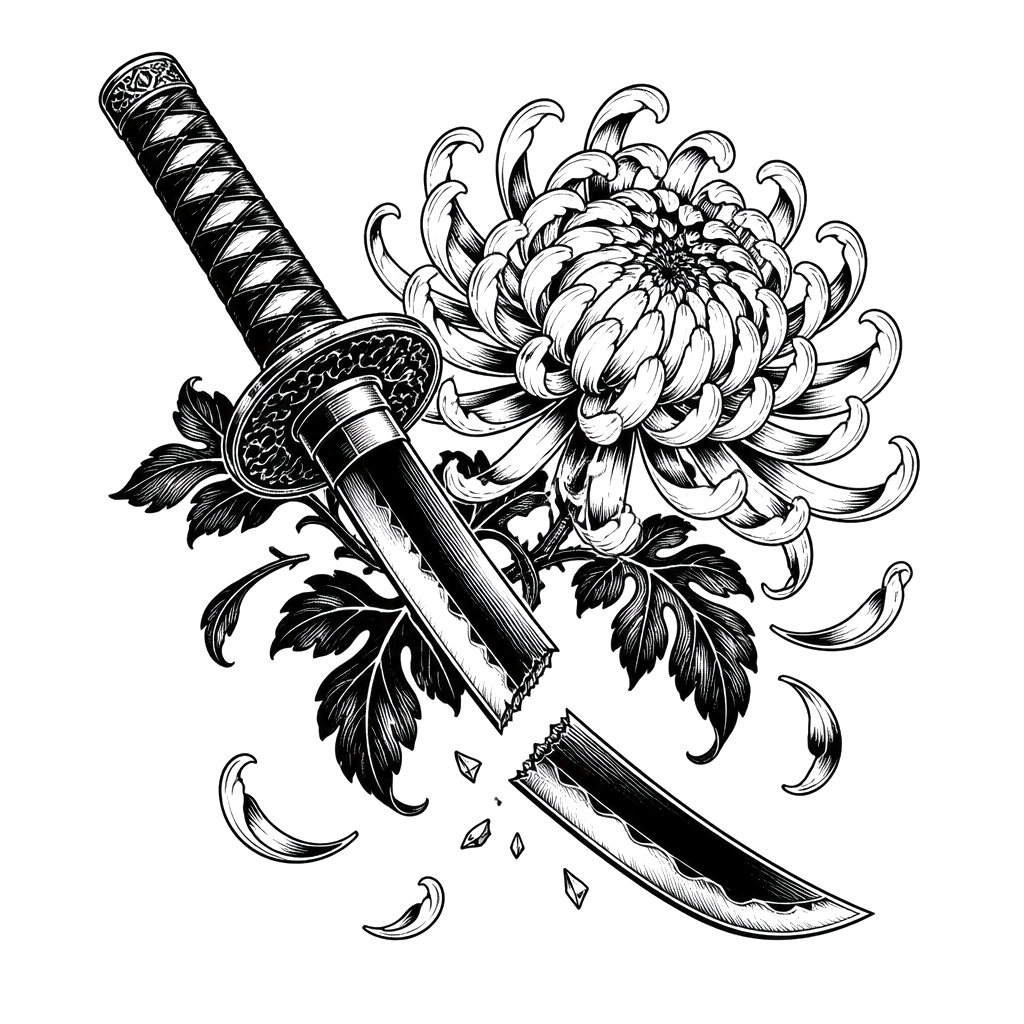 A broken katana lying beside a chrysanthemum