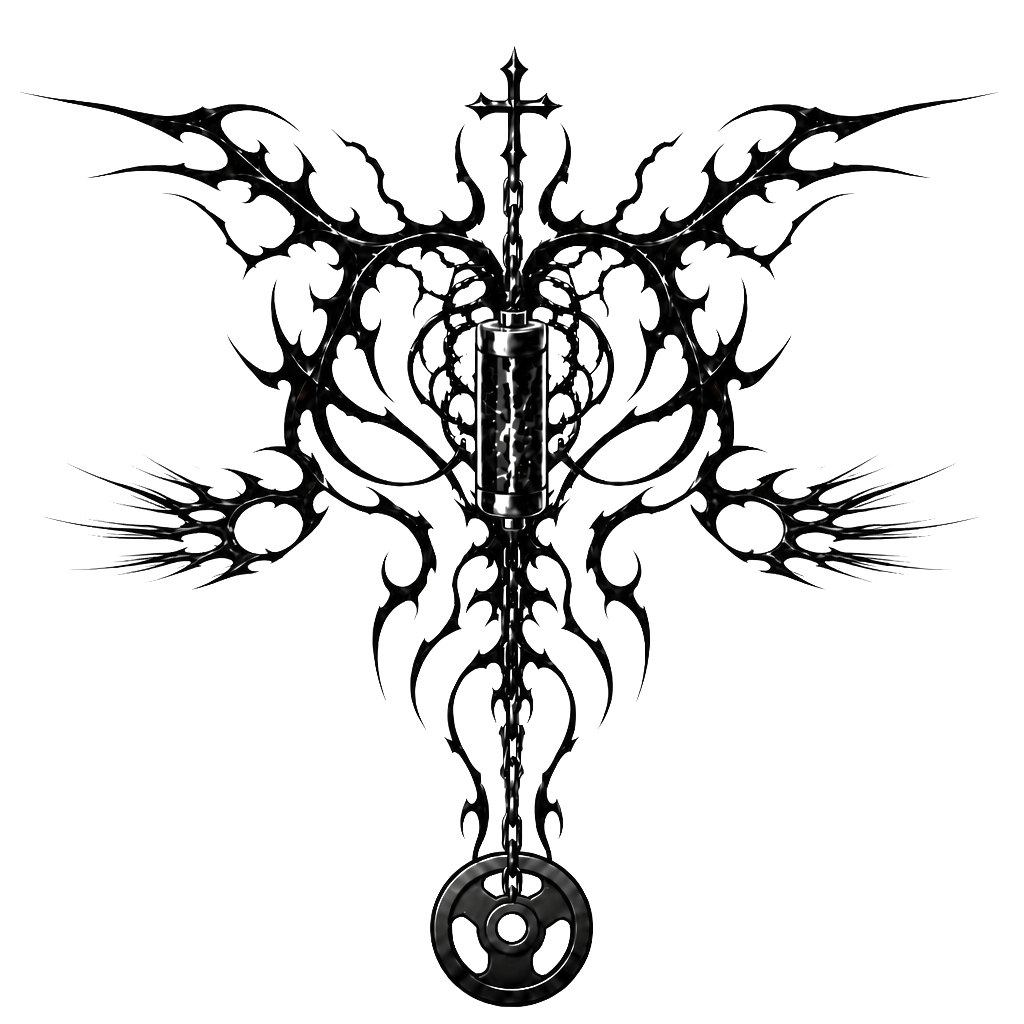 Design me a tattoo for my back that goes from shoulder blade to shoulder blade and these down into the spine with a chain hanging, and a battery powering the tattoo