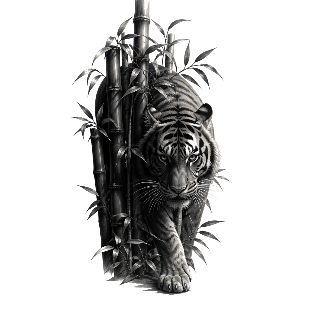 A tiger walking through tall bamboo, half in shadow