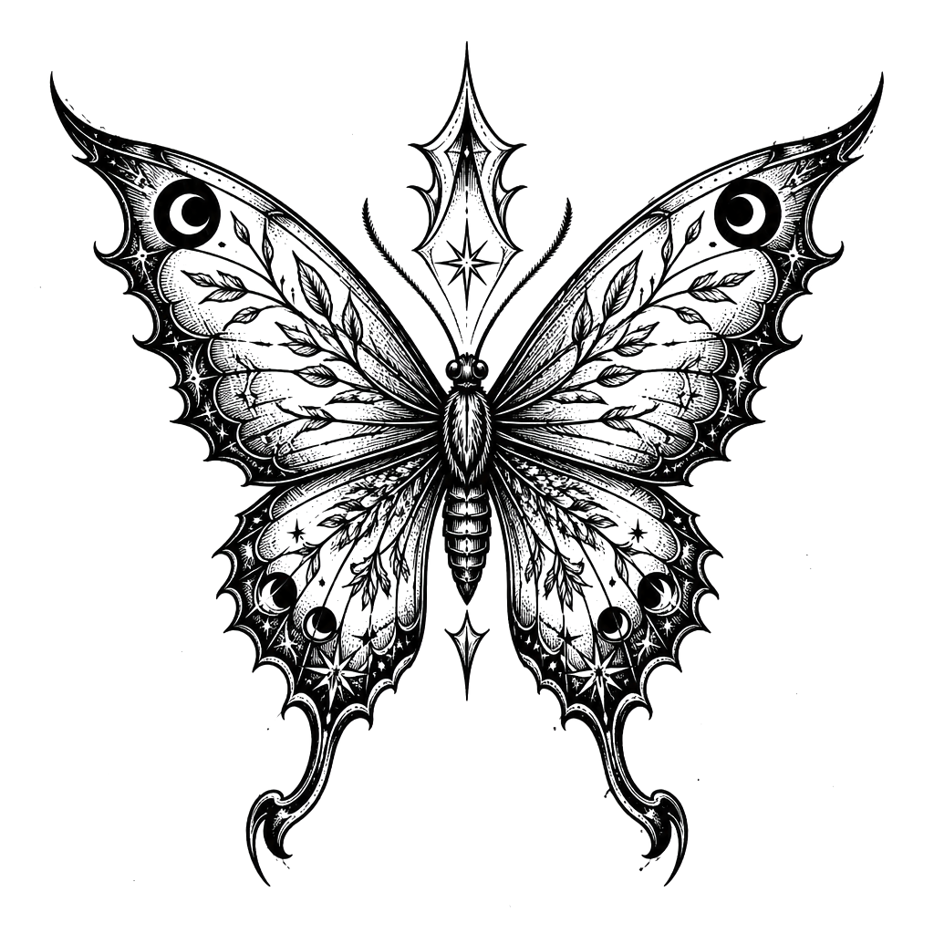 A vintage black-and-white tattoo design of a highly stylized butterfly or moth, centered and symmetrical, drawn in an intricate hand-inked engraving style. The wings are large and ornate, filled with delicate botanical and geometric patterns, small star-like sparkles, curved ornamental details, and fine crosshatching. The body and upper wings extend into elegant pointed, flame-like ornamental shapes, while the lower wings taper into long curved decorative forms.