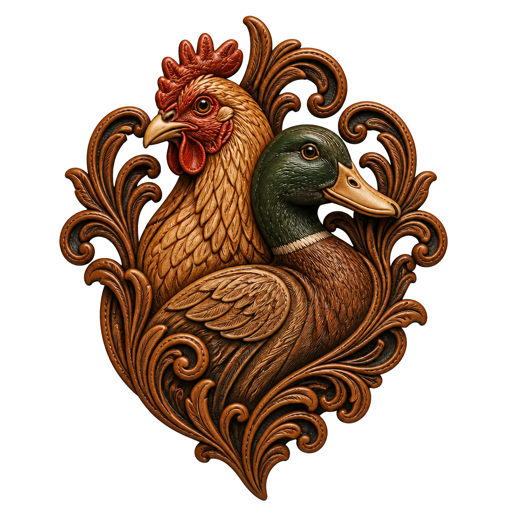 Chicken and duck in leather filigree