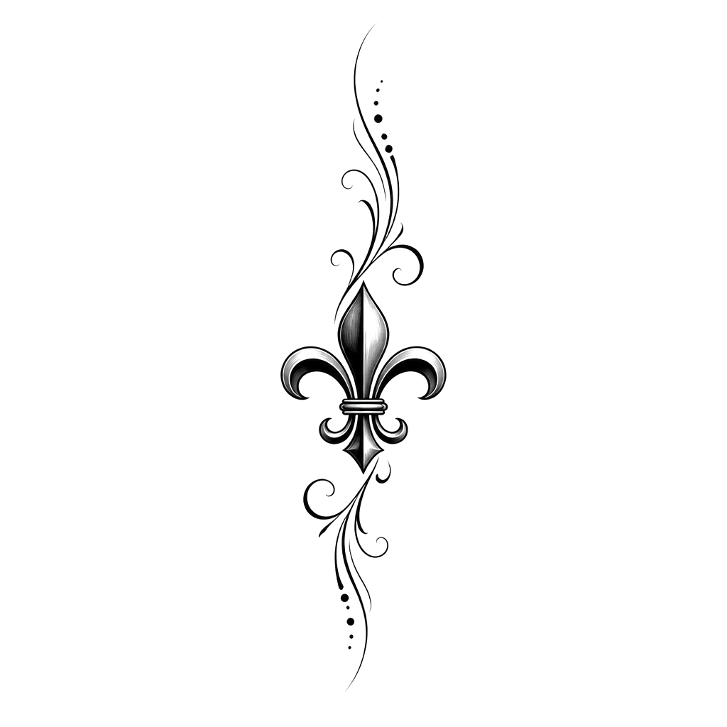 fleur de lys en bas du ventre à droite avec des légers traits qui vont en haut et en bas du ventre de 15 cm