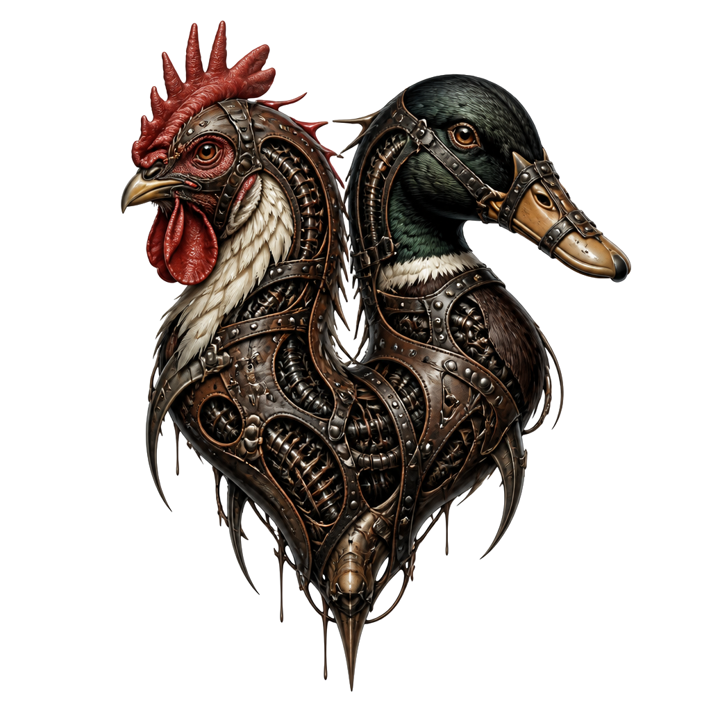 Chicken and duck in leather touled leather