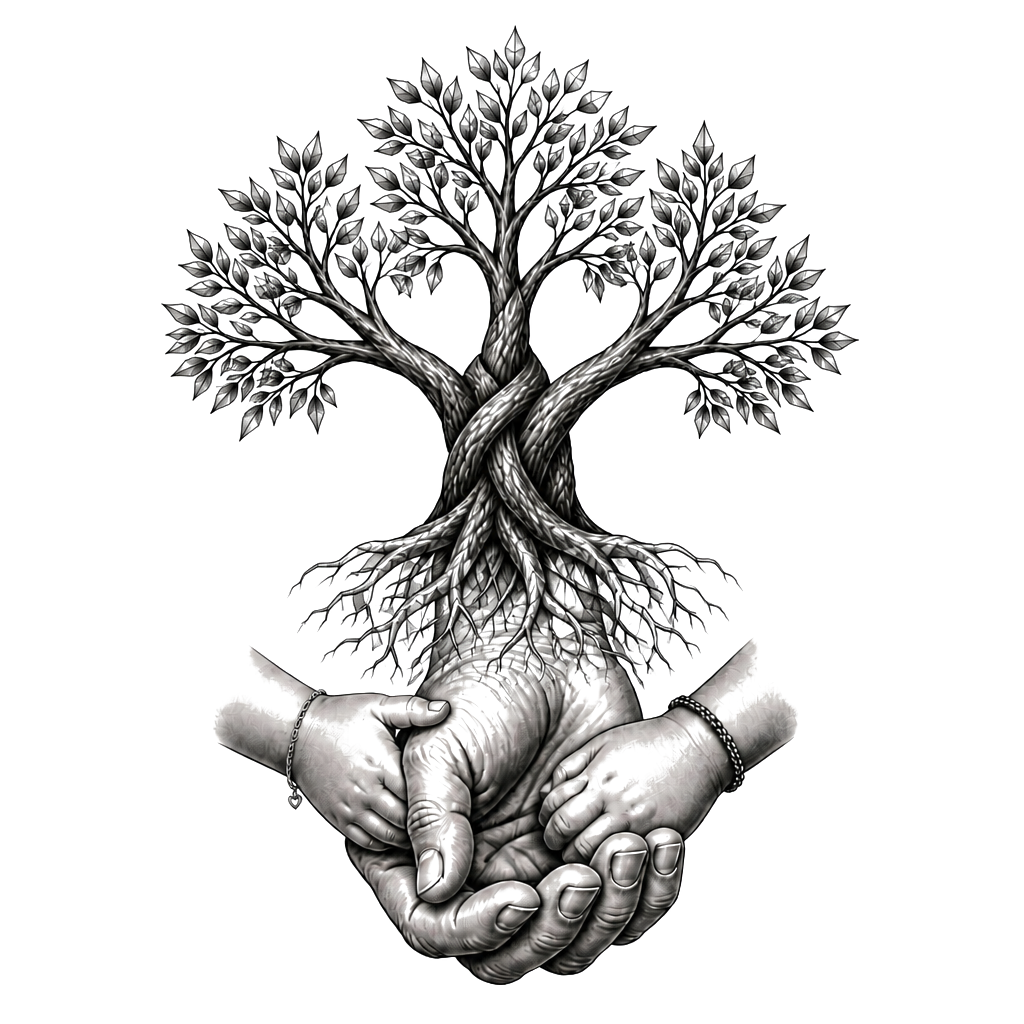 A father’s protective hand holding two smaller hands—one daughter, one son—beneath a single rooted tree with three interwoven branches.