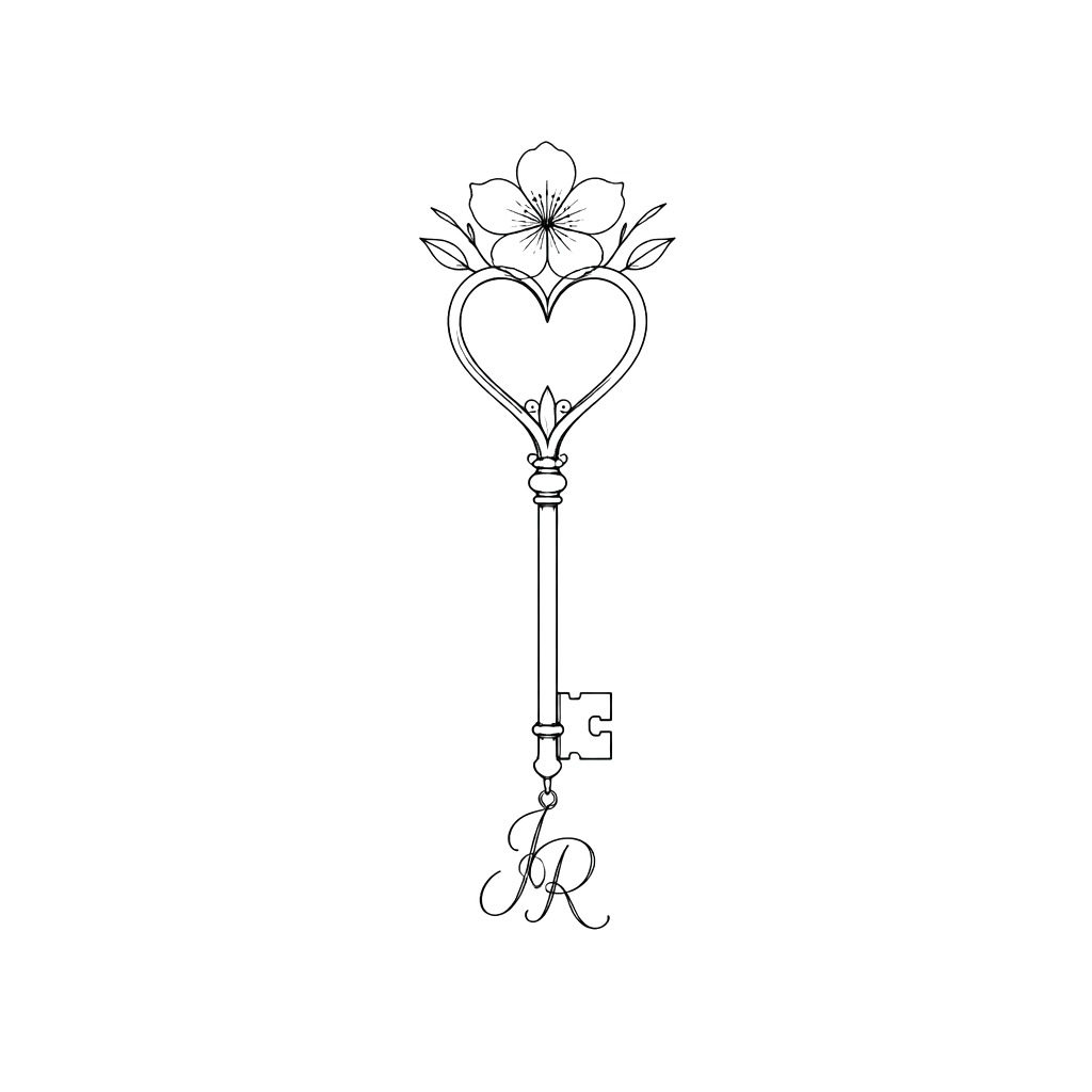 Create a key in a minimalist. Add a flower to the top, and the letters “J R” to the bottom. The top of the key should be shaped like a heart.