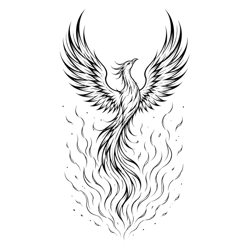 A phoenix rising from delicate linework embers