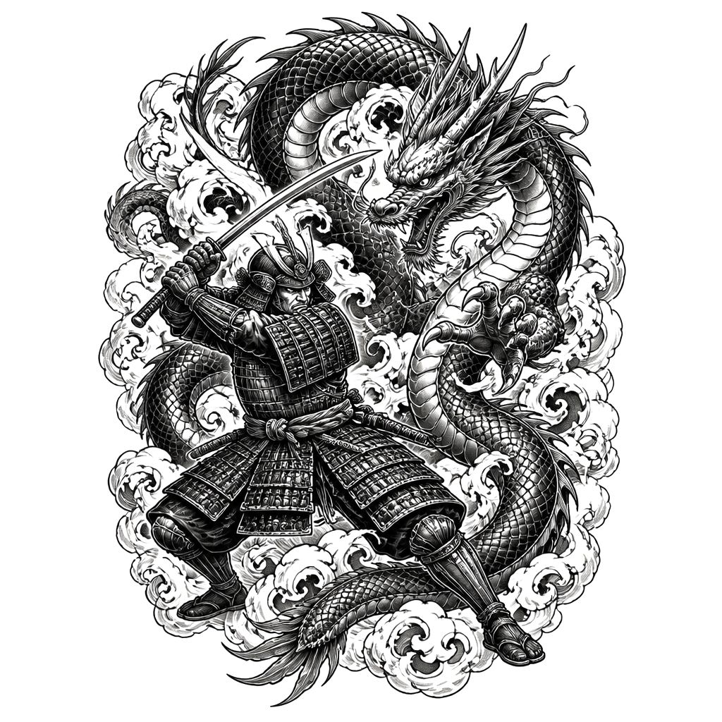 A samurai and a dragon locked in battle