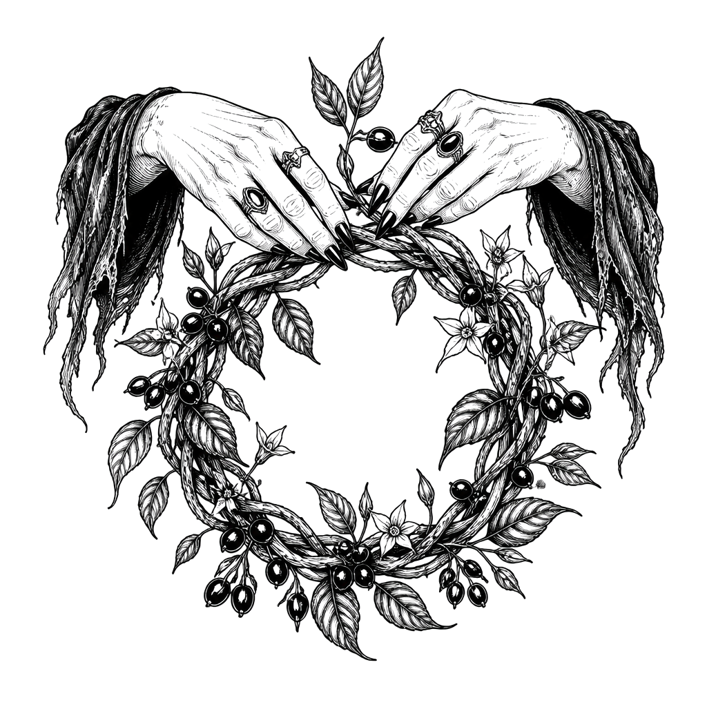 A witch's hands braiding a wreath of nightshade