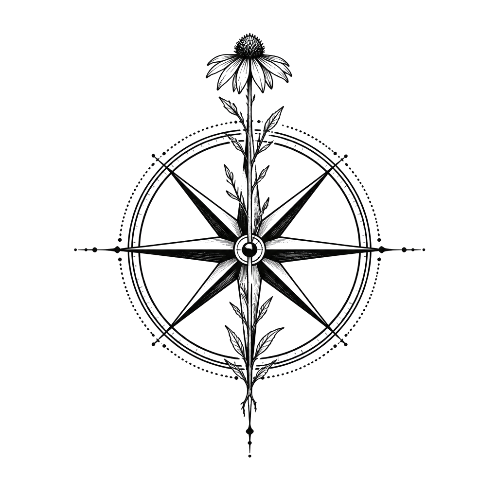 A compass rose with a wildflower for a needle