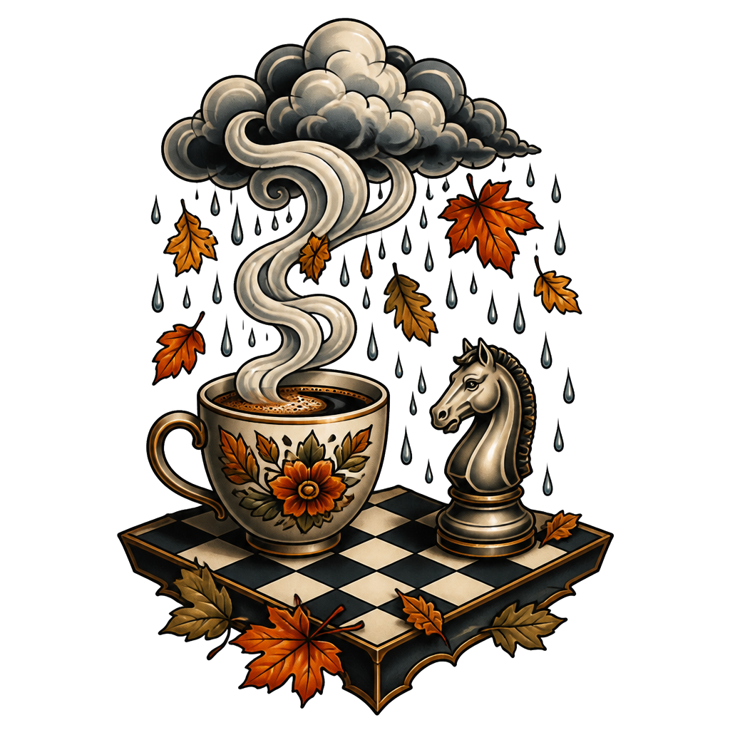 A steaming morning coffee cup atop a chessboard, its rising steam becoming autu…