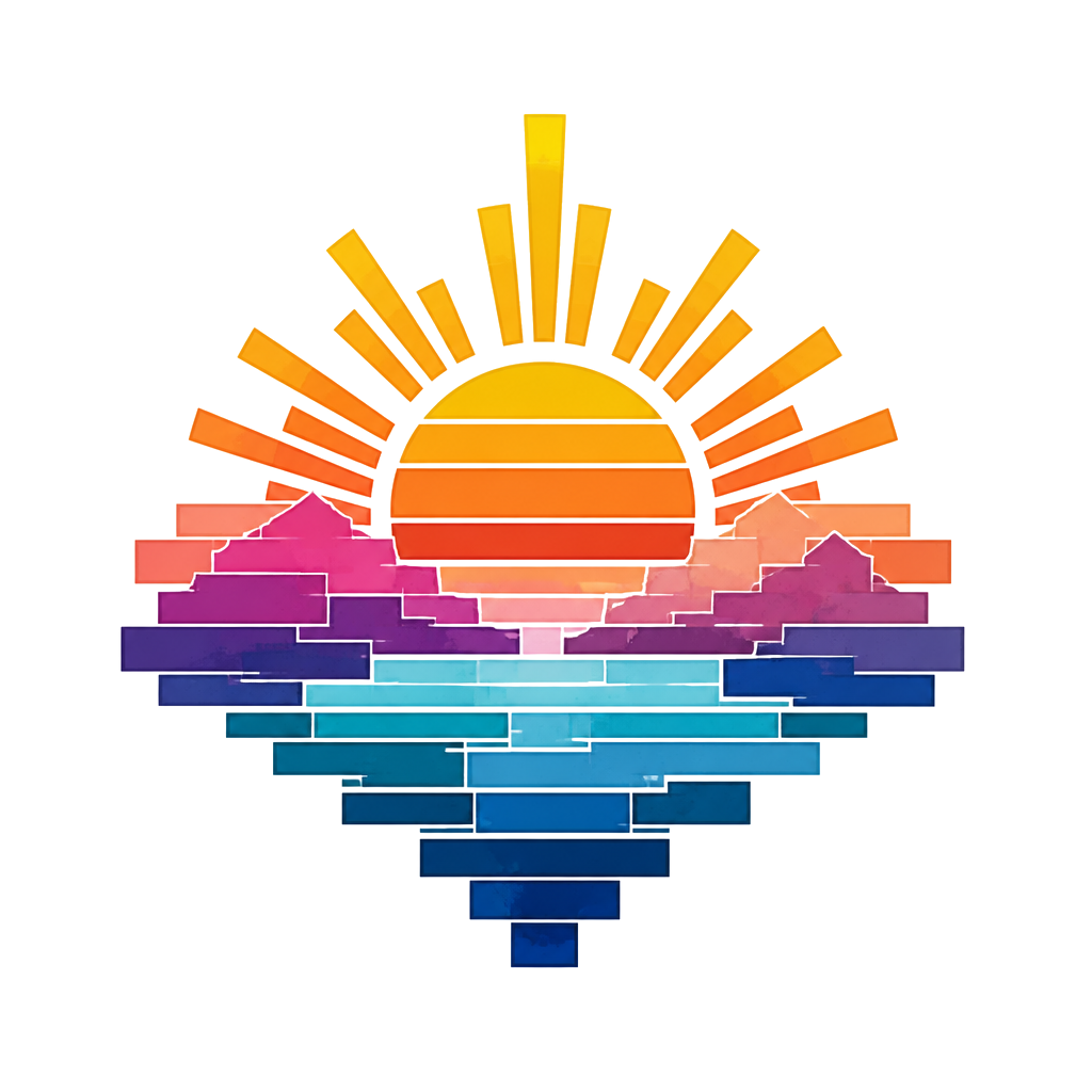 A sunrise built from stacked color blocks