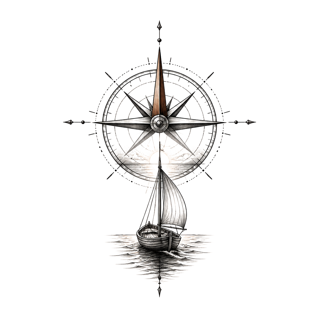A small wooden sailboat beneath a compass rose, its needle pointing toward a distant horizon.